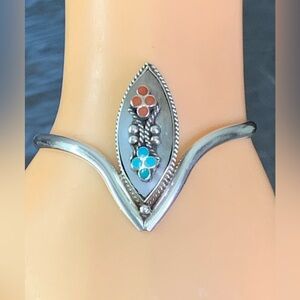 VINTAGE Sterling Silver Blue Gem Turquoise Red Coral & Mother of Pearl Bracelet